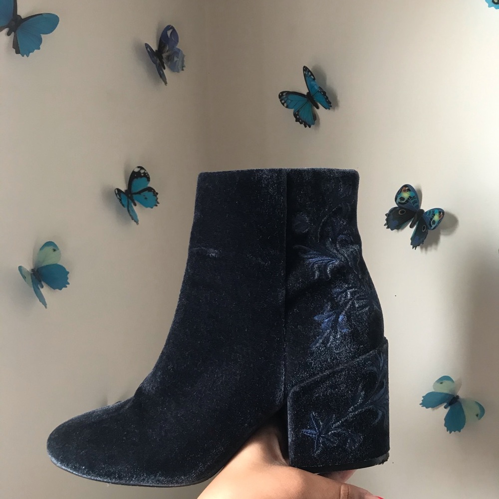 blue velvet and embroidered booties
